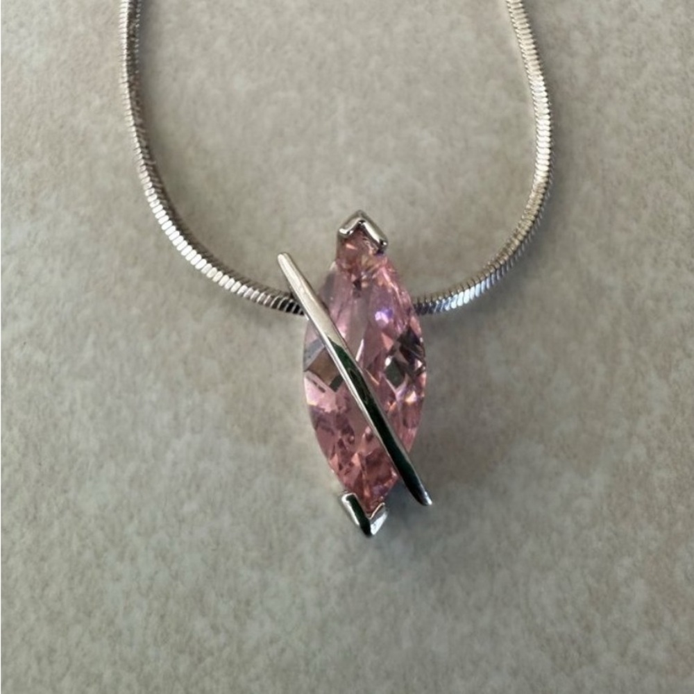Silver tone pink marquis cut cubic zirconia CZ gemstone necklace